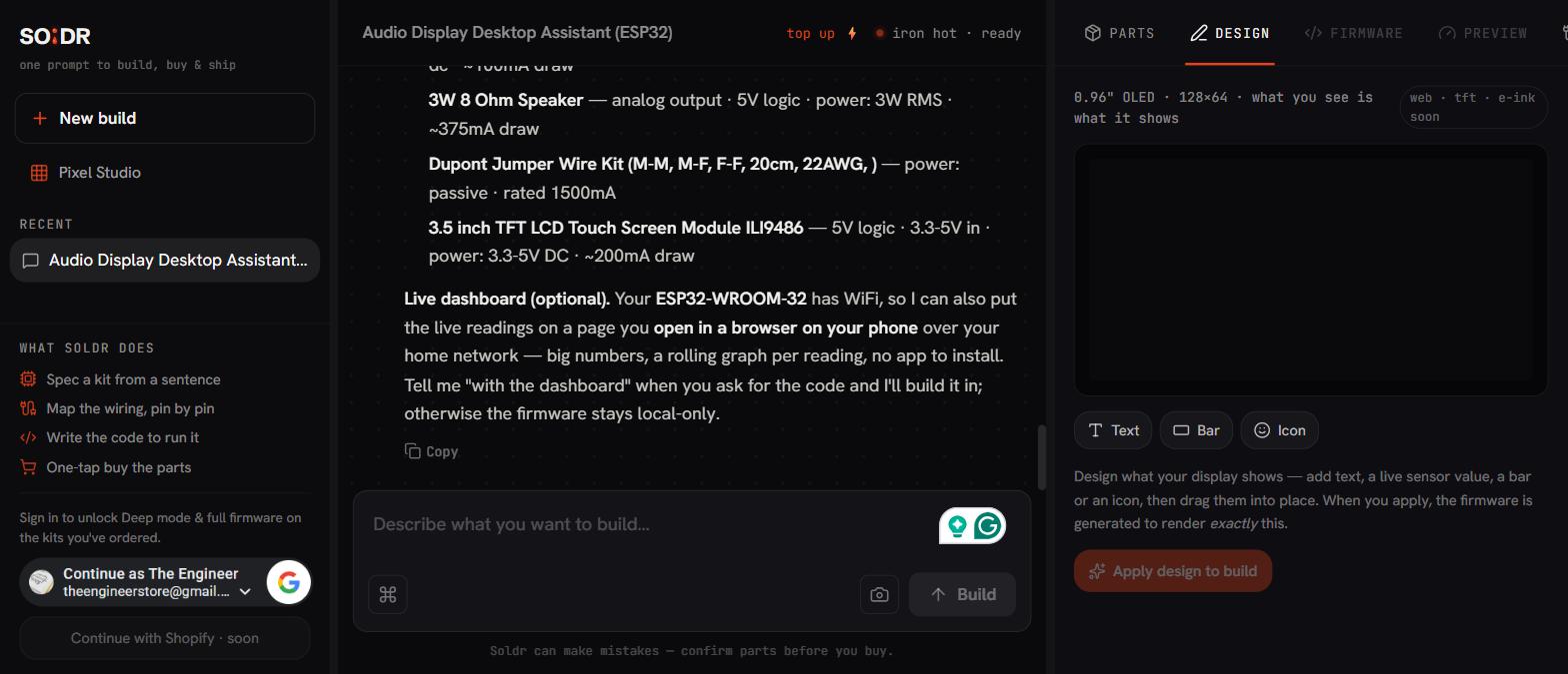 Soldr Design tab: drag text, bars and icons onto the build's actual 128x64 OLED