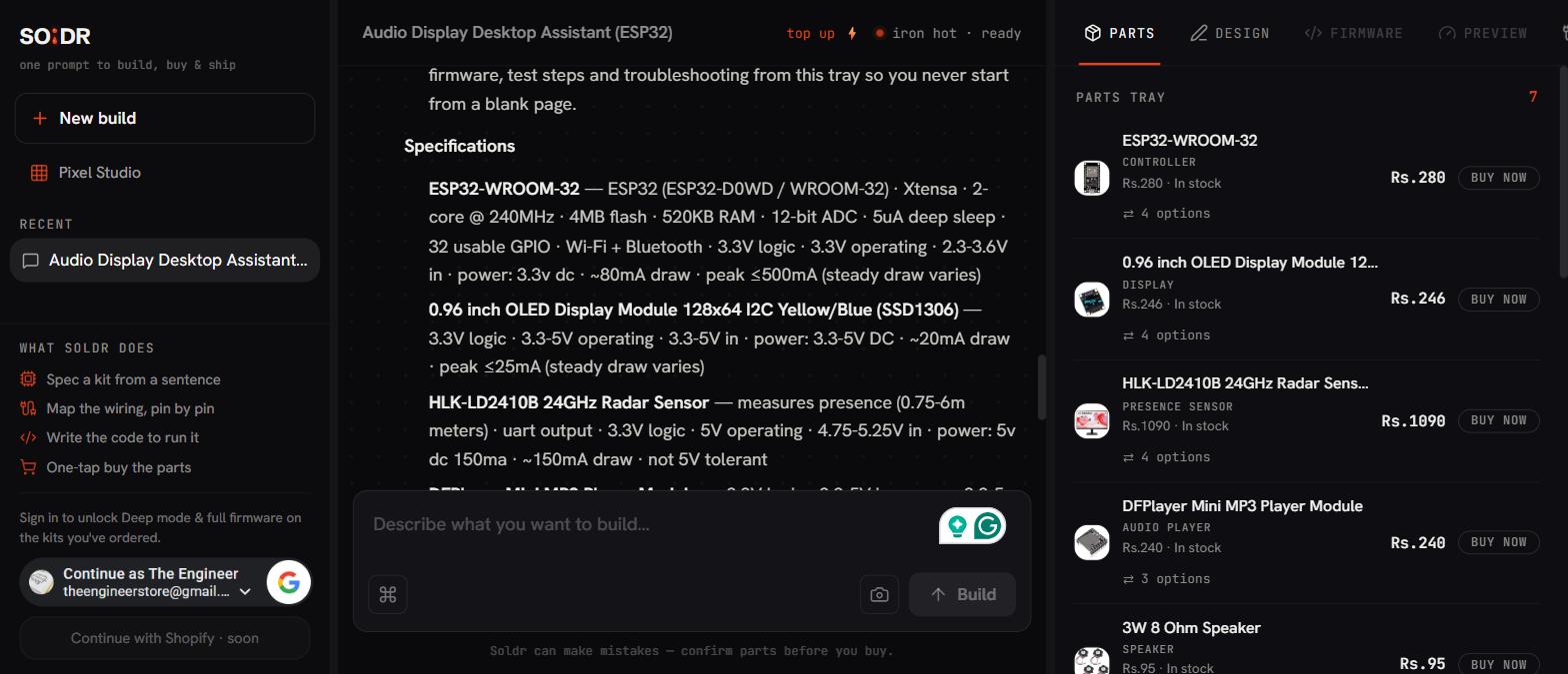 Soldr parts tray: 7 in-stock parts for the desktop assistant with live prices