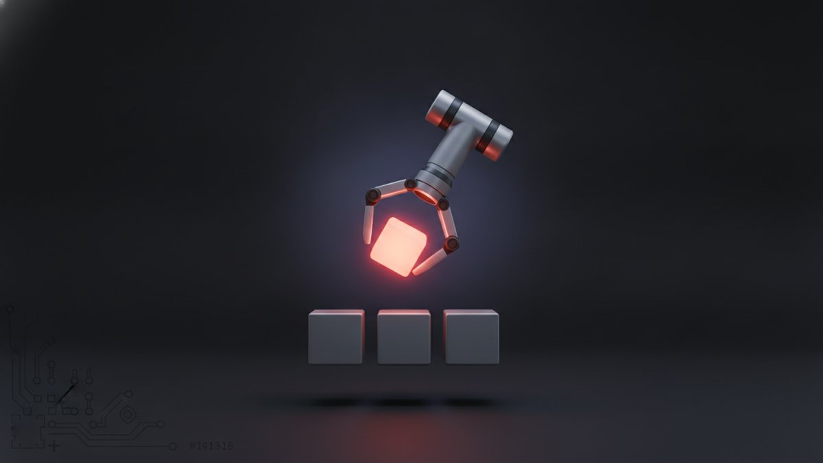 Colour sorting robot arm sweeping objects into bins