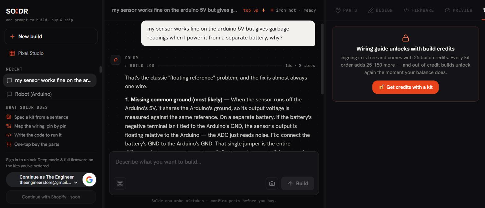 Soldr live session: sensor gives garbage on a separate battery - missing common ground, one wire fix