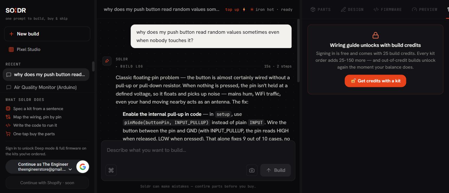 Soldr live session: why does my push button read random values - diagnosis floating pin, enable INPUT_PULLUP