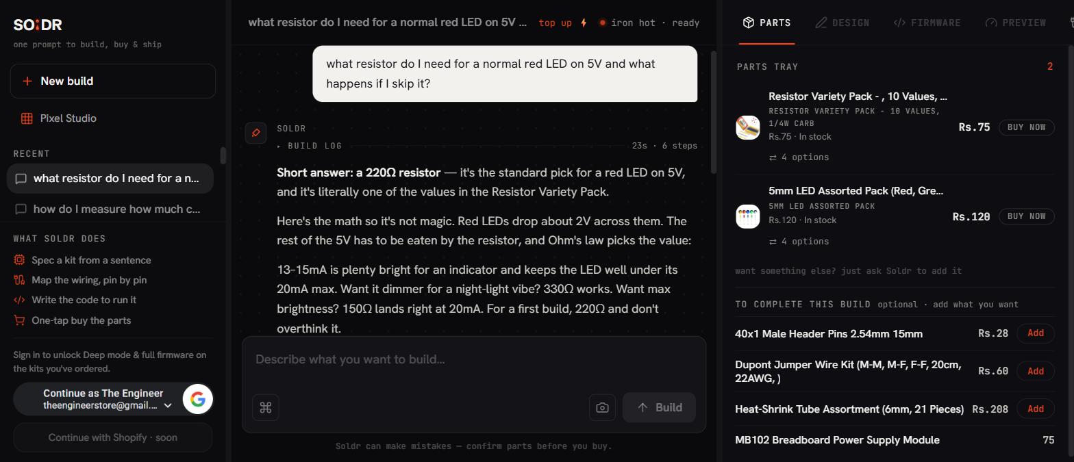 Soldr live session: what resistor for a red LED on 5V - 220 ohm with the Ohms law math and a two-part tray