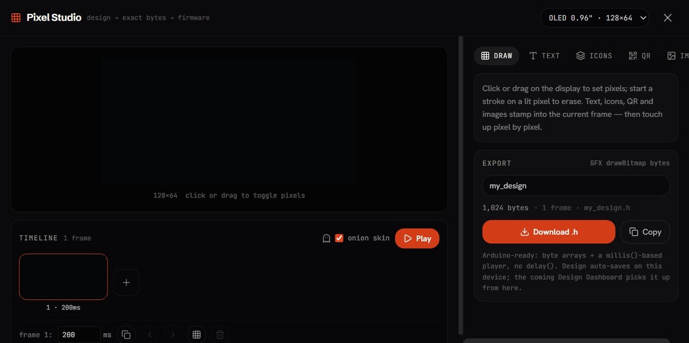 Soldr Pixel Studio: a 128x64 OLED canvas with a frame timeline, DRAW/TEXT/ICONS/QR tabs, and an export panel showing GFX drawBitmap bytes at 1,024 bytes for one frame with a Download .h button