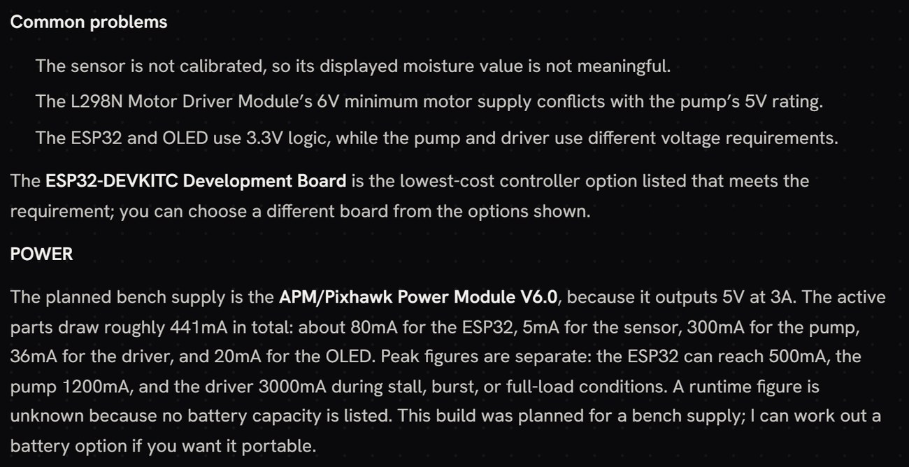 Soldr power narration for a plant-watering build: active parts draw roughly 441mA in total, while peak figures are listed separately as ESP32 500mA, pump 1200mA and driver 3000mA during stall, burst or full-load