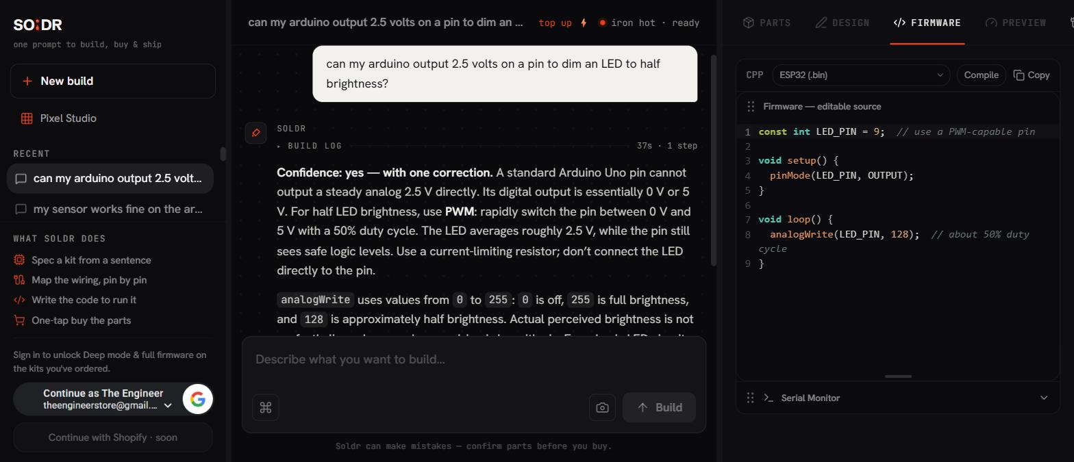 Soldr live session: can a pin output 2.5V - corrected to PWM 50 percent duty, with generated analogWrite firmware