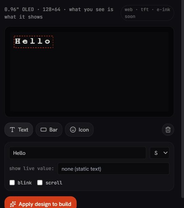Soldr Design tab with a text element placed on a 128x64 OLED canvas, and its property panel showing the text value, a size selector, a show-live-value dropdown set to none, and blink and scroll checkboxes